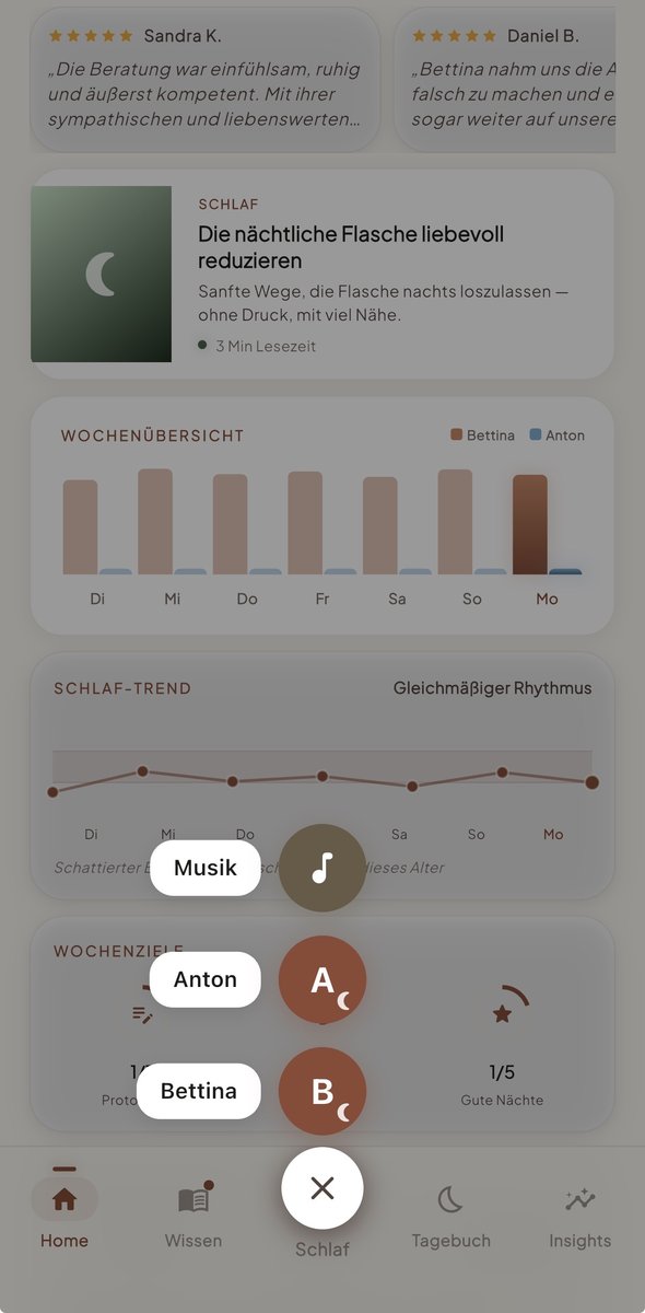 Schnellauswahl zum Einschlafen: ein Menü mit Musik sowie den einzelnen Kindern, das sich über den abgedunkelten Startbildschirm öffnet.