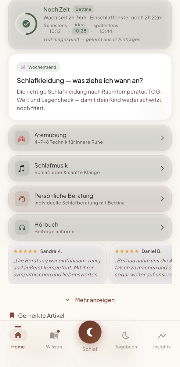 Schlafenszeit-Karte: „Wach seit 2 h 36 m“ mit Einschlaffenster (frühestens, ideal, spätestens) für das nächste Schläfchen.