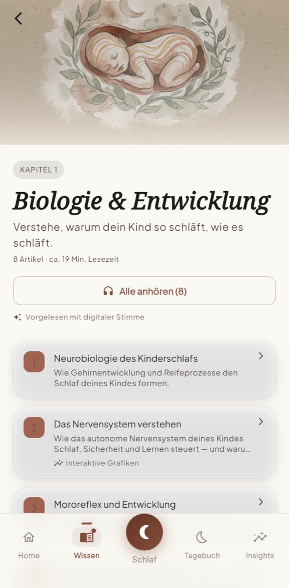 Wissen-Bereich: Kapitel „Biologie & Entwicklung“ mit Aquarell-Illustration, dem Button „Alle anhören“ und der Notiz „Vorgelesen mit digitaler Stimme“ über der Artikelliste.