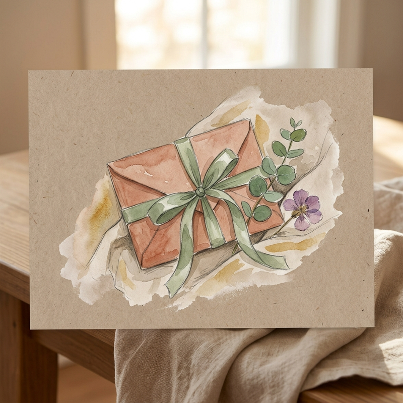 Geschenkumschlag mit grüner Schleife und Eukalyptuszweig